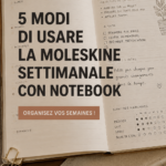 Un carnet Moleskine hebdomadaire sur un bureau avec des stylos et des notes