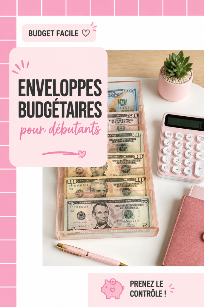 Une femme souriante en train de gérer son budget avec des enveloppes.