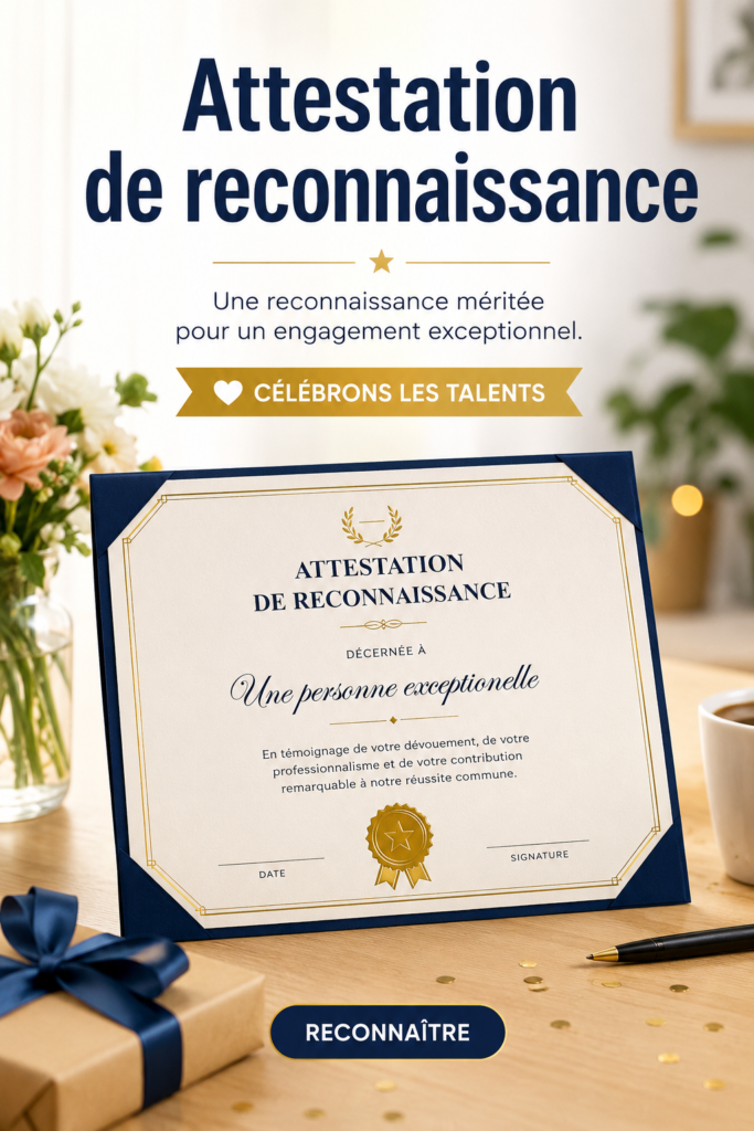 Exemple d'une attestation de reconnaissance bien rédigée, avec des sections claires et précises.