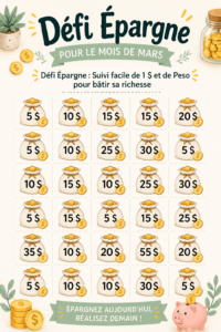 Défi d'économie de mars : tracker d'économies transparent avec des billets de 1€.