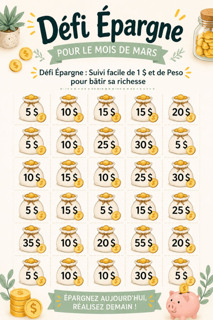 Défi d'économie de mars : tracker d'économies transparent avec des billets de 1€.