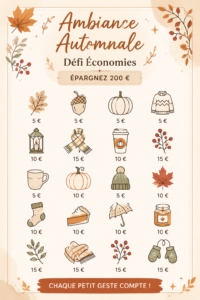 Un calendrier automnal avec des enveloppes de budget pour économiser en cette saison