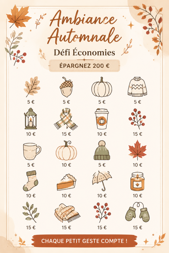 Un calendrier automnal avec des enveloppes de budget pour économiser en cette saison