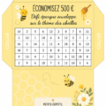 Illustration du défi d'épargne sur le thème des abeilles avec des enveloppes colorées et des économies.