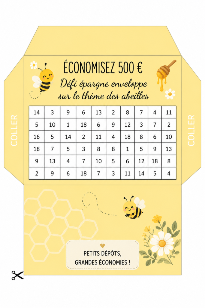 Illustration du défi d'épargne sur le thème des abeilles avec des enveloppes colorées et des économies.