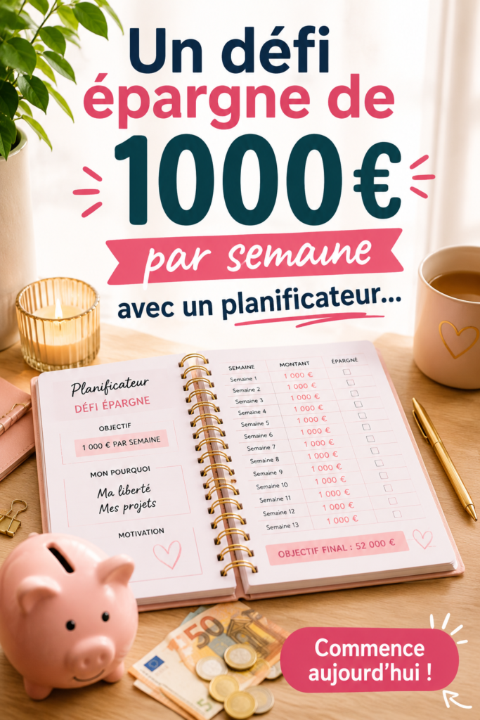 Femme souriante planifiant son défi épargne de 1000€ par semaine