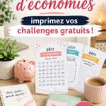 Femme avec des imprimables de défis d'épargne sur une table, prêt à relever le défi.