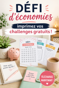 Femme avec des imprimables de défis d'épargne sur une table, prêt à relever le défi.