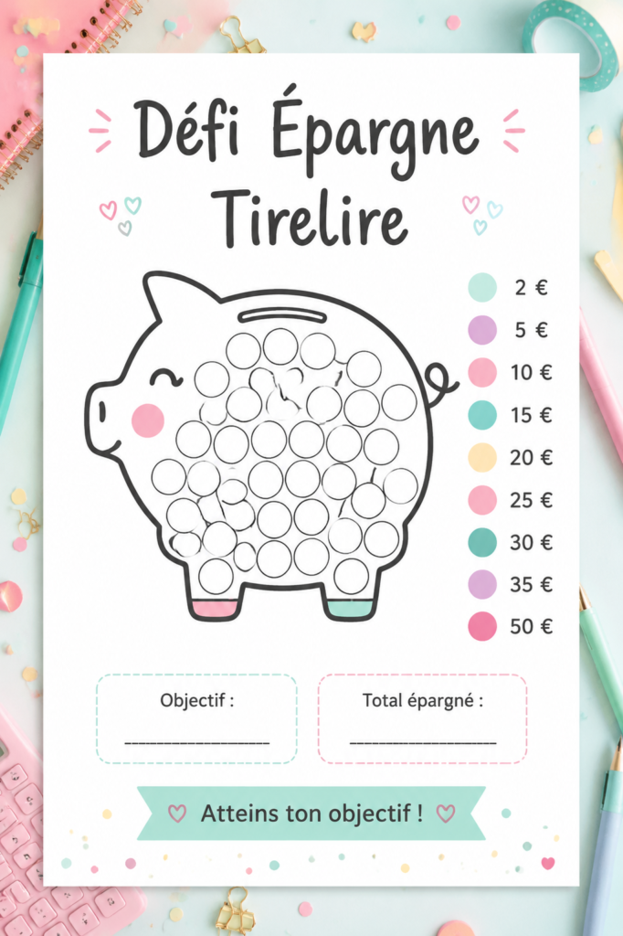 Une tirelire imprimable colorée pour un défi d'épargne