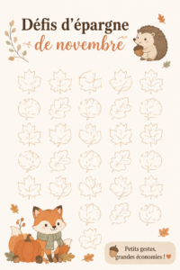 Illustration de défis d'économie pour novembre avec des astuces pratiques.