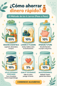Illustration de la méthode des 6 jars pour économiser facilement