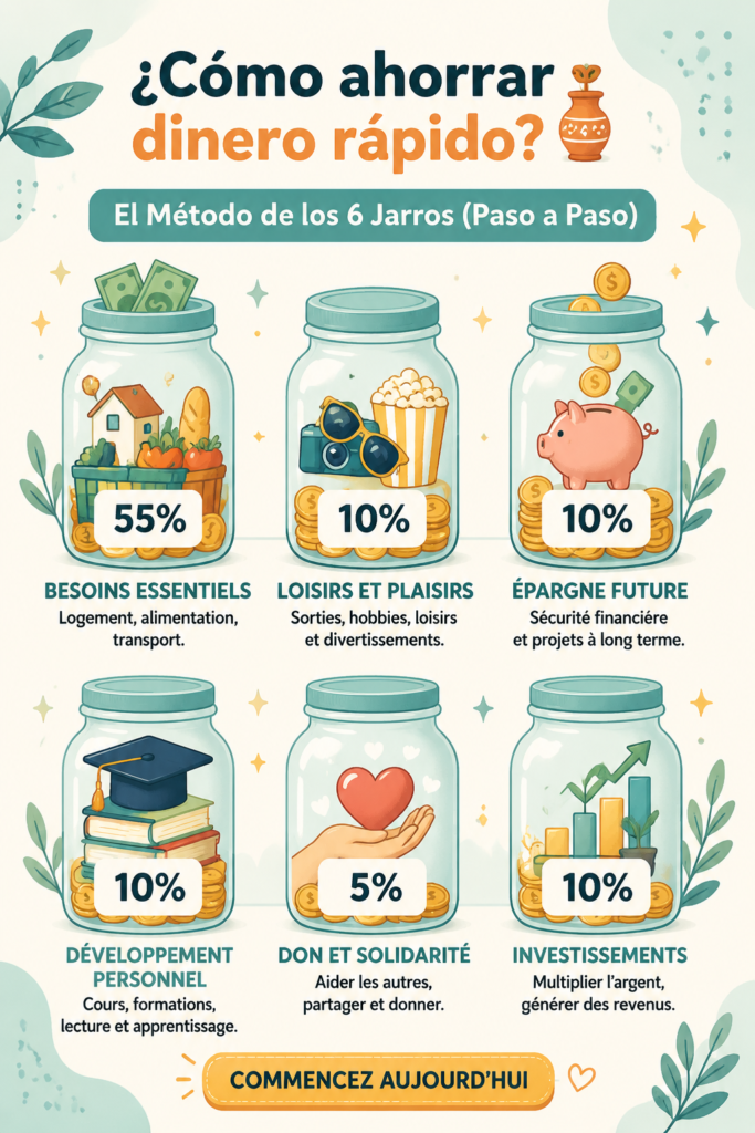 Illustration de la méthode des 6 jars pour économiser facilement