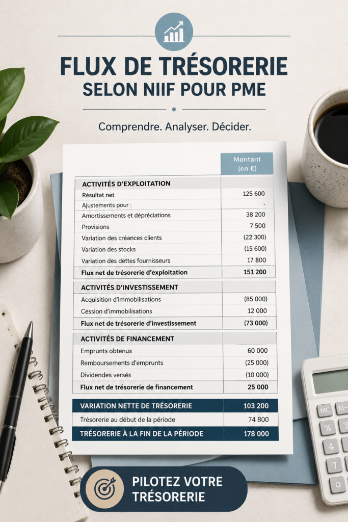 Illustration de gestion de trésorerie avec graphique simplifié.