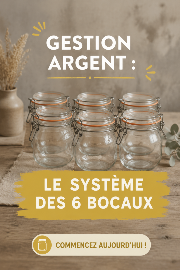 Système des 6 pots pour la gestion financière, des étiquettes sur des pots de verre avec des catégories de dépenses.