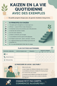 Illustration de la méthode kaizen appliquée au quotidien, montrant des petits changements positifs.