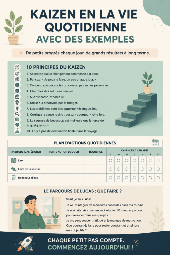 Illustration de la méthode kaizen appliquée au quotidien, montrant des petits changements positifs.