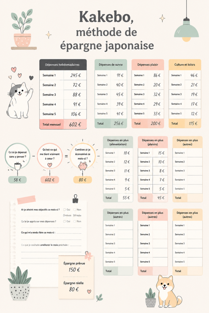 Image d'un kakebo ouvert avec des notes de budget et des stylos, symbolisant la gestion des finances.