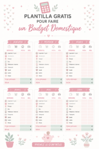 Exemple de modèle de budget familial sur un bureau, avec des calculatrices et des documents.