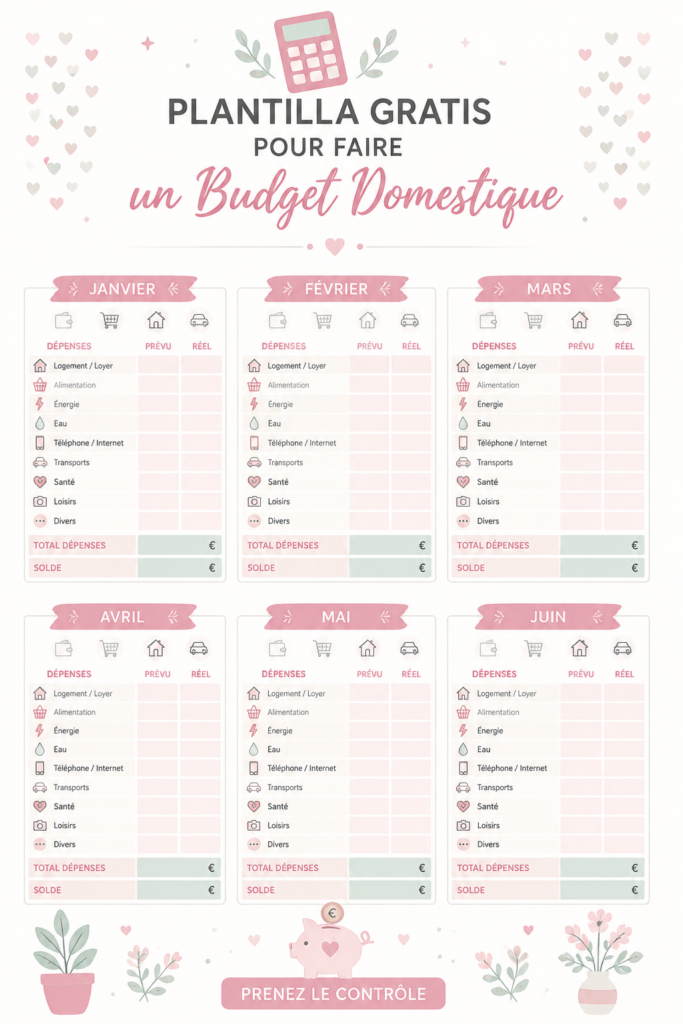 Exemple de modèle de budget familial sur un bureau, avec des calculatrices et des documents.
