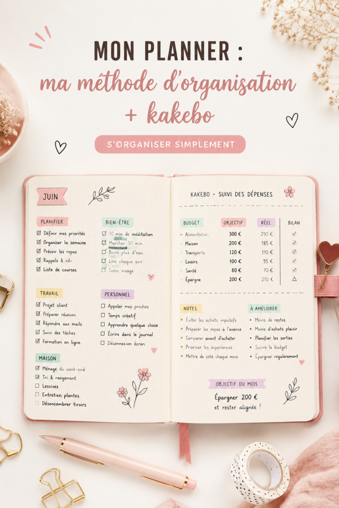 Une femme organisant son planner avec une tasse de thé et un kakebo.