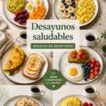 Une table avec différents petits déjeuners sains comme des smoothies et des fruits.