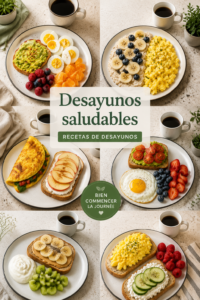 Une table avec différents petits déjeuners sains comme des smoothies et des fruits.
