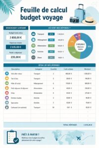 Femme planifiant son budget voyage avec un ordinateur et un carnet