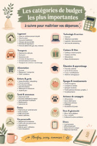 Femme souriante examinant son budget avec un ordinateur et des notes