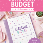 Image d'un classeur de budget ouvert avec des feuilles de dépenses et des stylos.