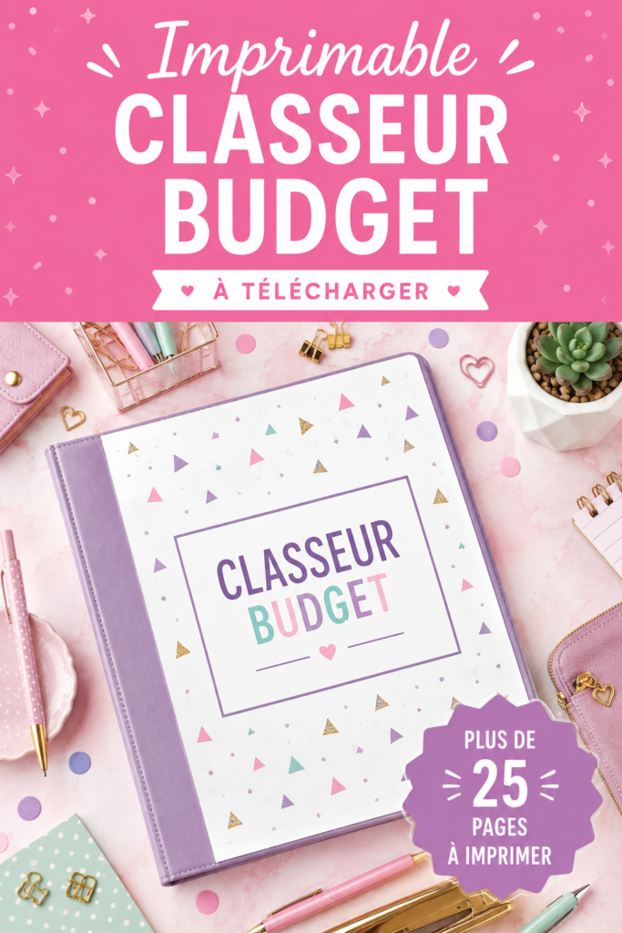 Image d'un classeur de budget ouvert avec des feuilles de dépenses et des stylos.