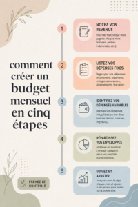 Femme organisant son budget mensuel avec des documents et un ordinateur portable.
