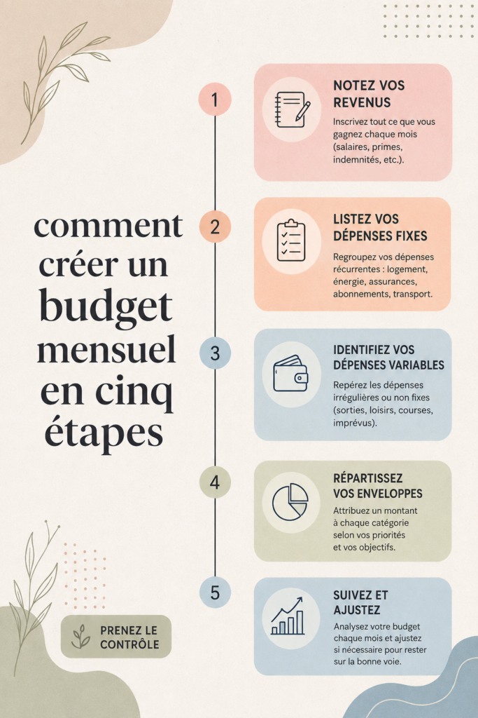 Femme organisant son budget mensuel avec des documents et un ordinateur portable.