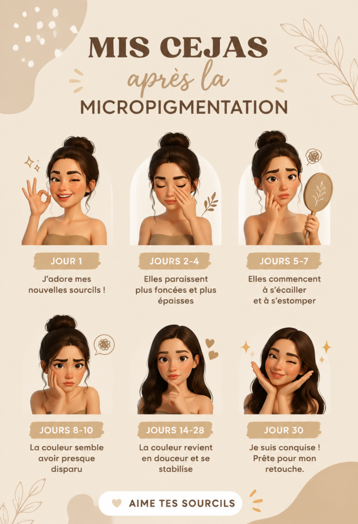 Sourcils impeccables après micropigmentation, montrant des soins appropriés.