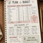 Femme souriante qui gère son budget avec des papiers et un ordinateur.
