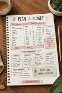 Femme souriante qui gère son budget avec des papiers et un ordinateur.