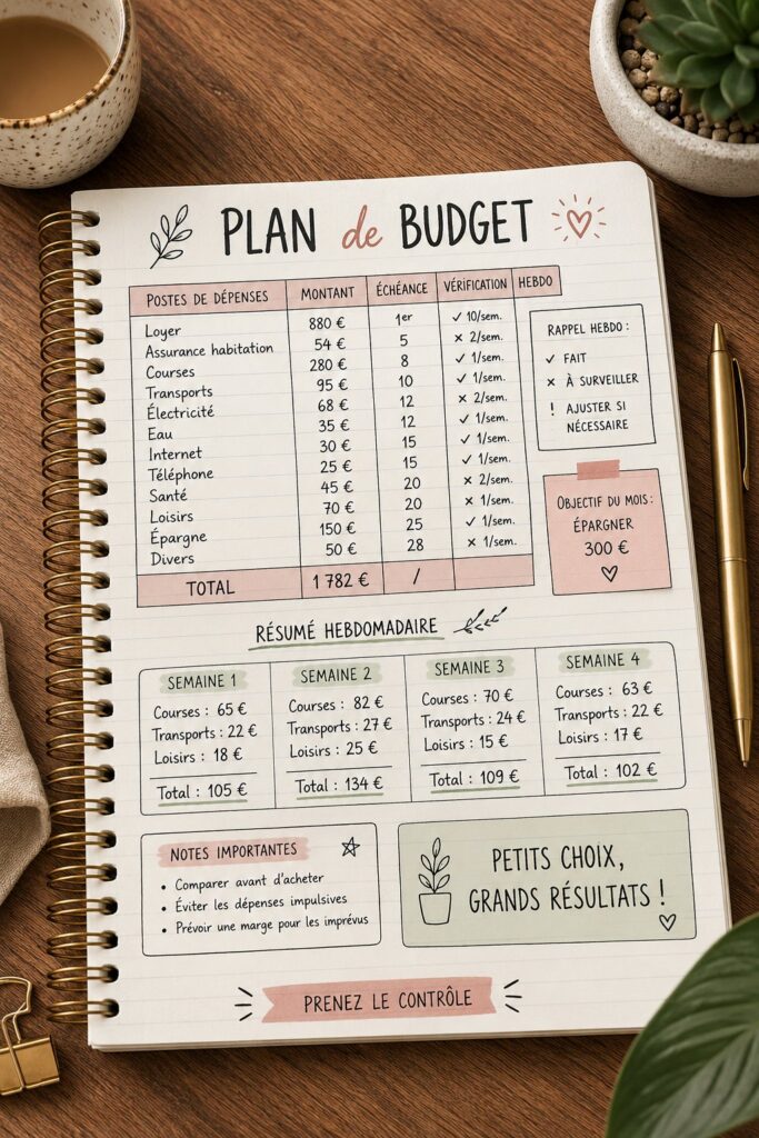 Femme souriante qui gère son budget avec des papiers et un ordinateur.
