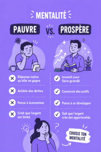 Illustration symbolisant le passage d'une mentalité financière pauvre à prospère.