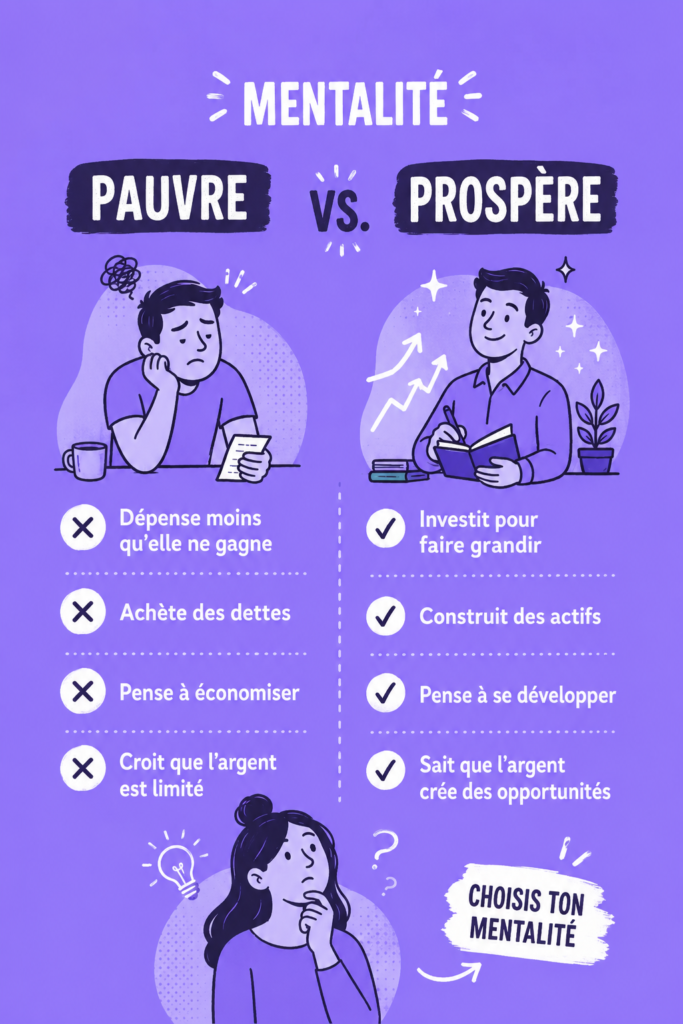 Illustration symbolisant le passage d'une mentalité financière pauvre à prospère.
