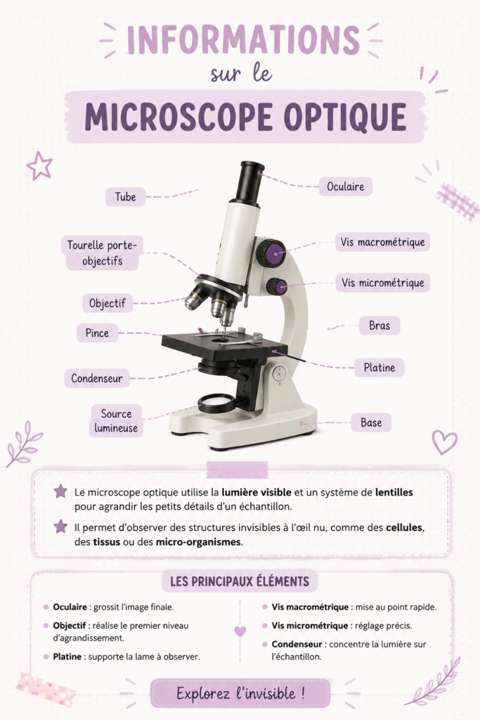 Photographie d'un microscope optique sur un bureau d'études, prêt à être utilisé.