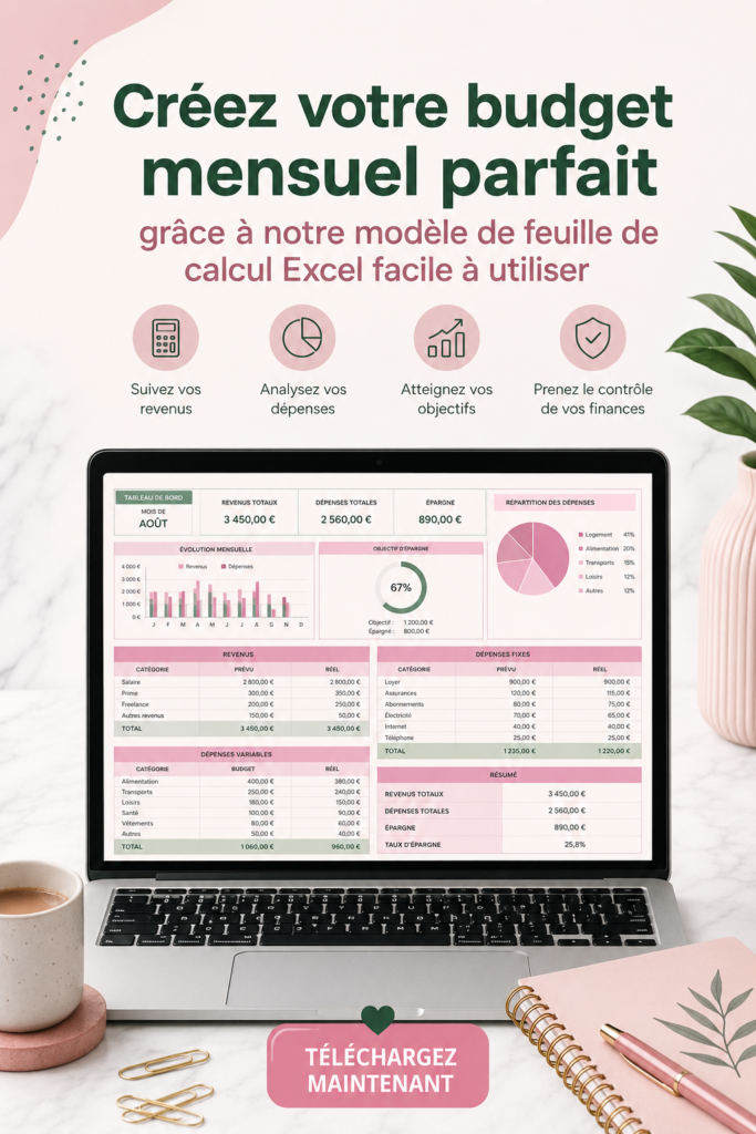 Modèle Excel de budget mensuel illustré sur un ordinateur