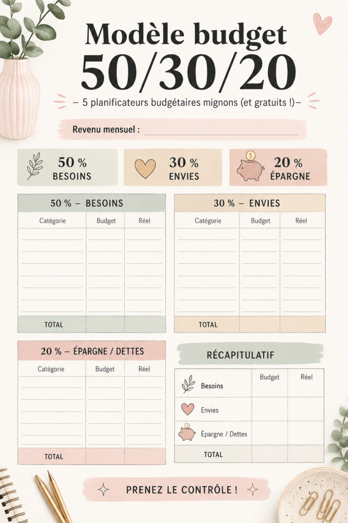 Modèle de budget 50/30/20 avec des sections pour les dépenses et l'épargne.