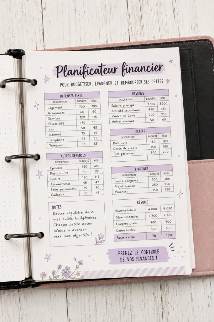 Femme utilisant un planificateur financier pour organiser son budget