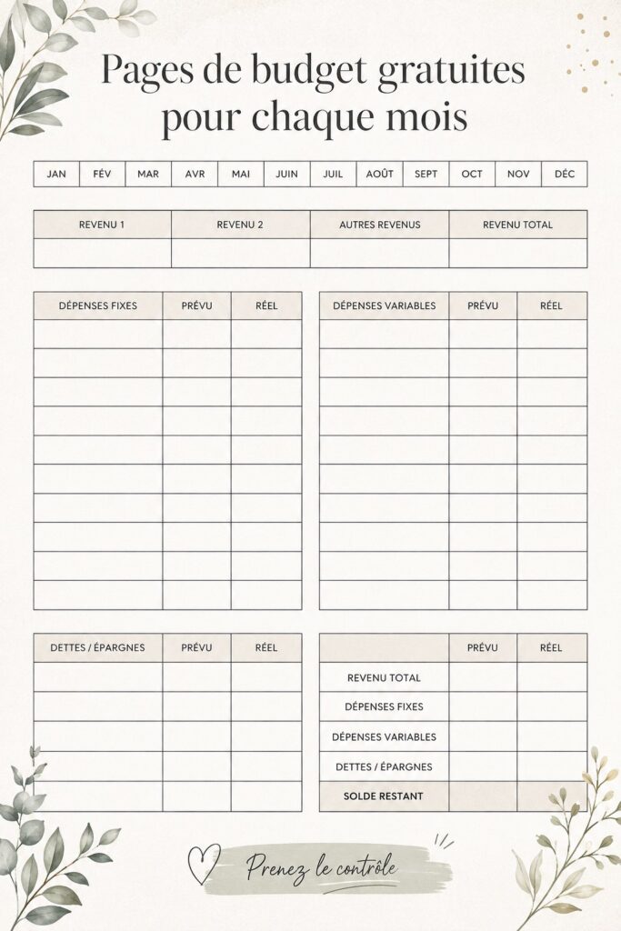Modèle de planning budgétaire avec des sections pour chaque mois et des icônes de dépenses.