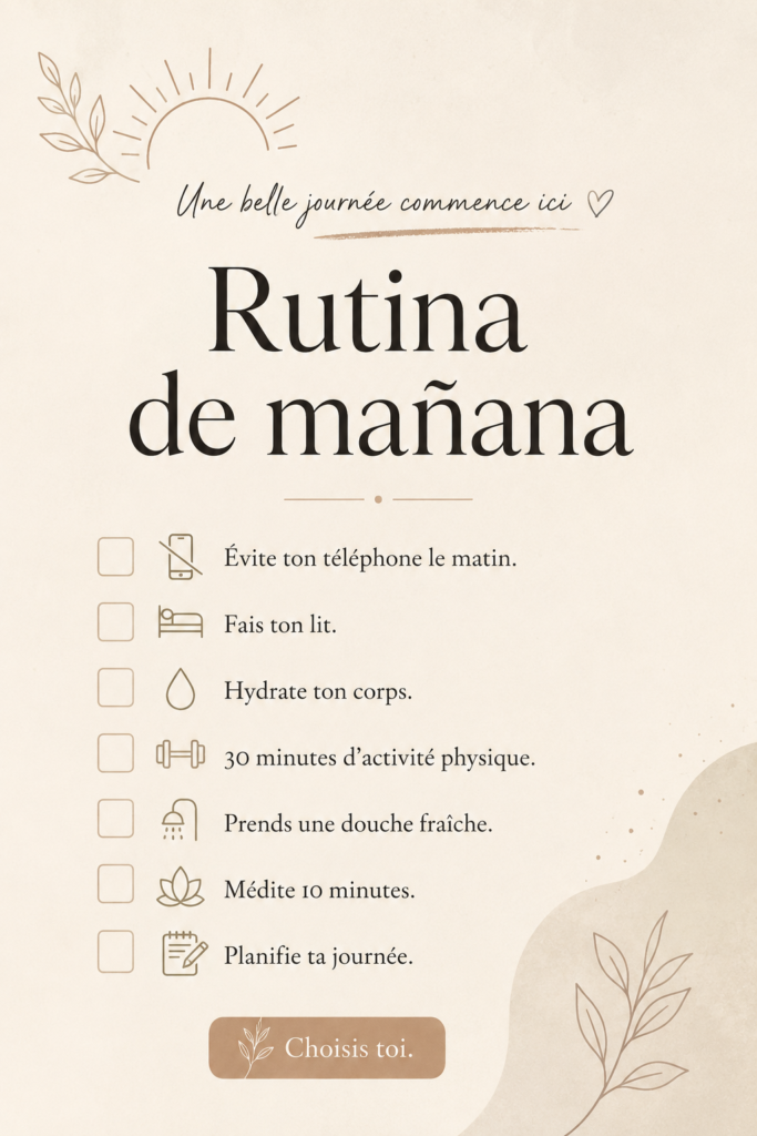 Femme souriante dans sa cuisine, pratiquant un rituel matinal, entourée d'éléments de bien-être.
