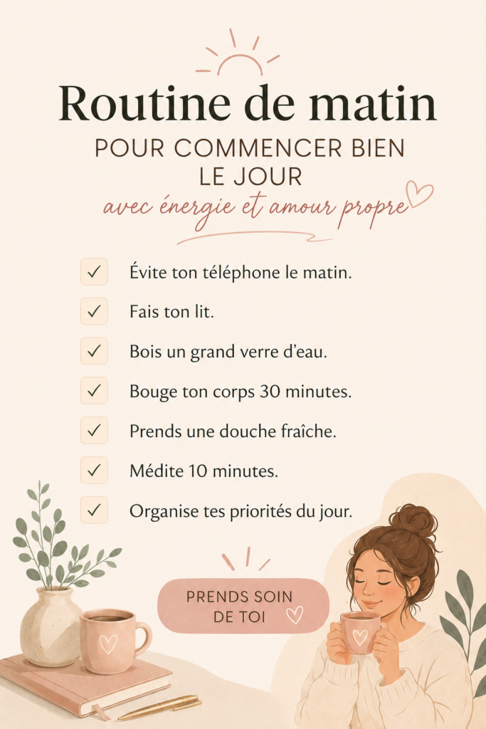 Femme souriante profitant d'une routine matinale énergisante avec une tasse de thé