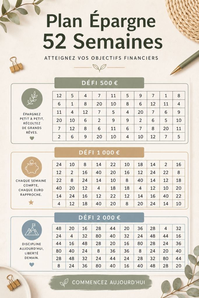 Visuel d'un modèle de suivi d'épargne sur 52 semaines qui aide à établir des habitudes financières saines.