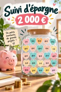 Une femme examine son budget pour épargner 2000€, entourée de documents