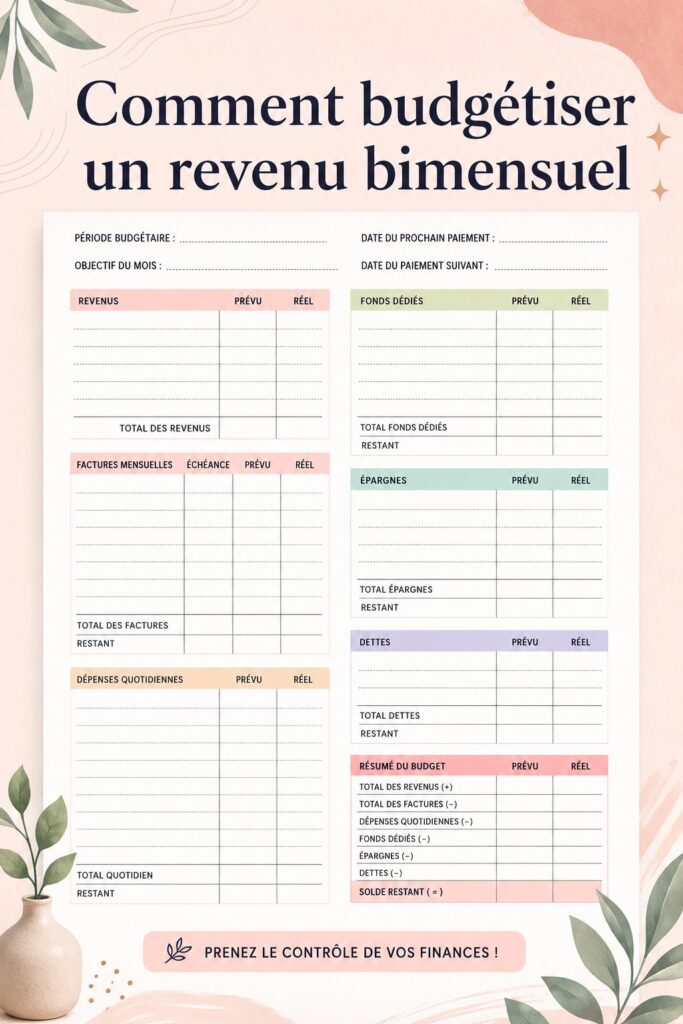 Femme examinant son budget bihebdomadaire avec un ordinateur et un carnet.