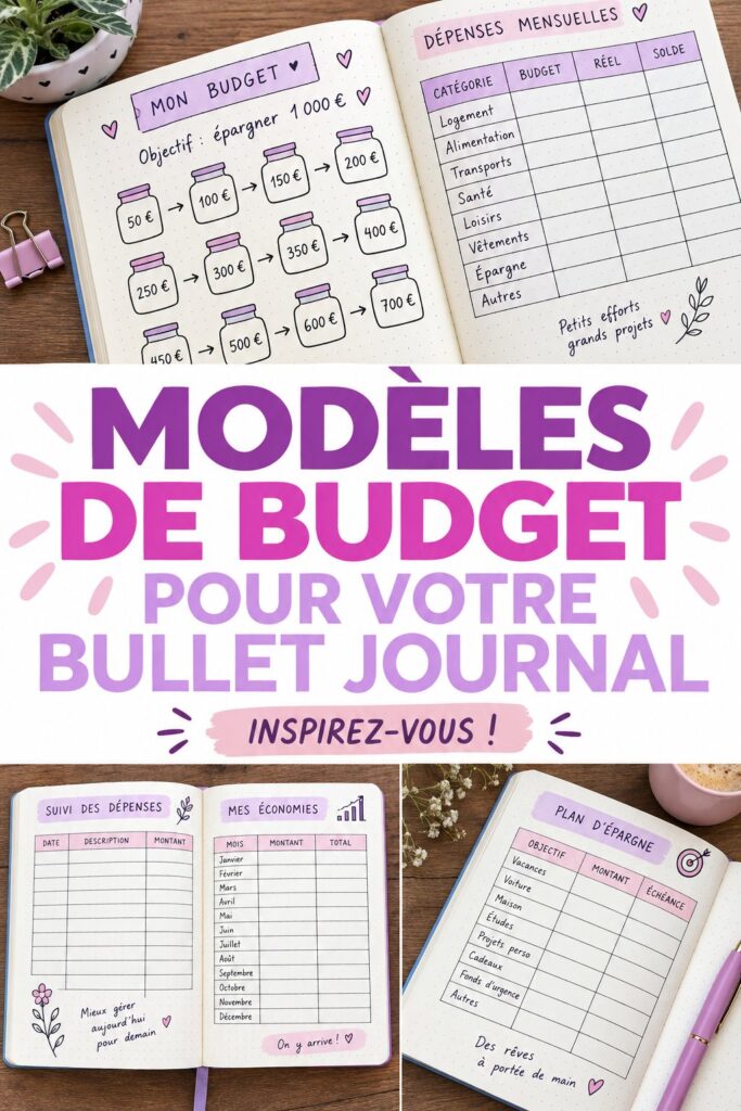 Un bullet journal ouvert avec des mises en page budgétaires colorées et créatives.