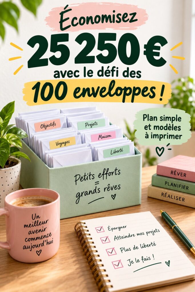 Femme souriante tenant des enveloppes pour le défi d'épargne